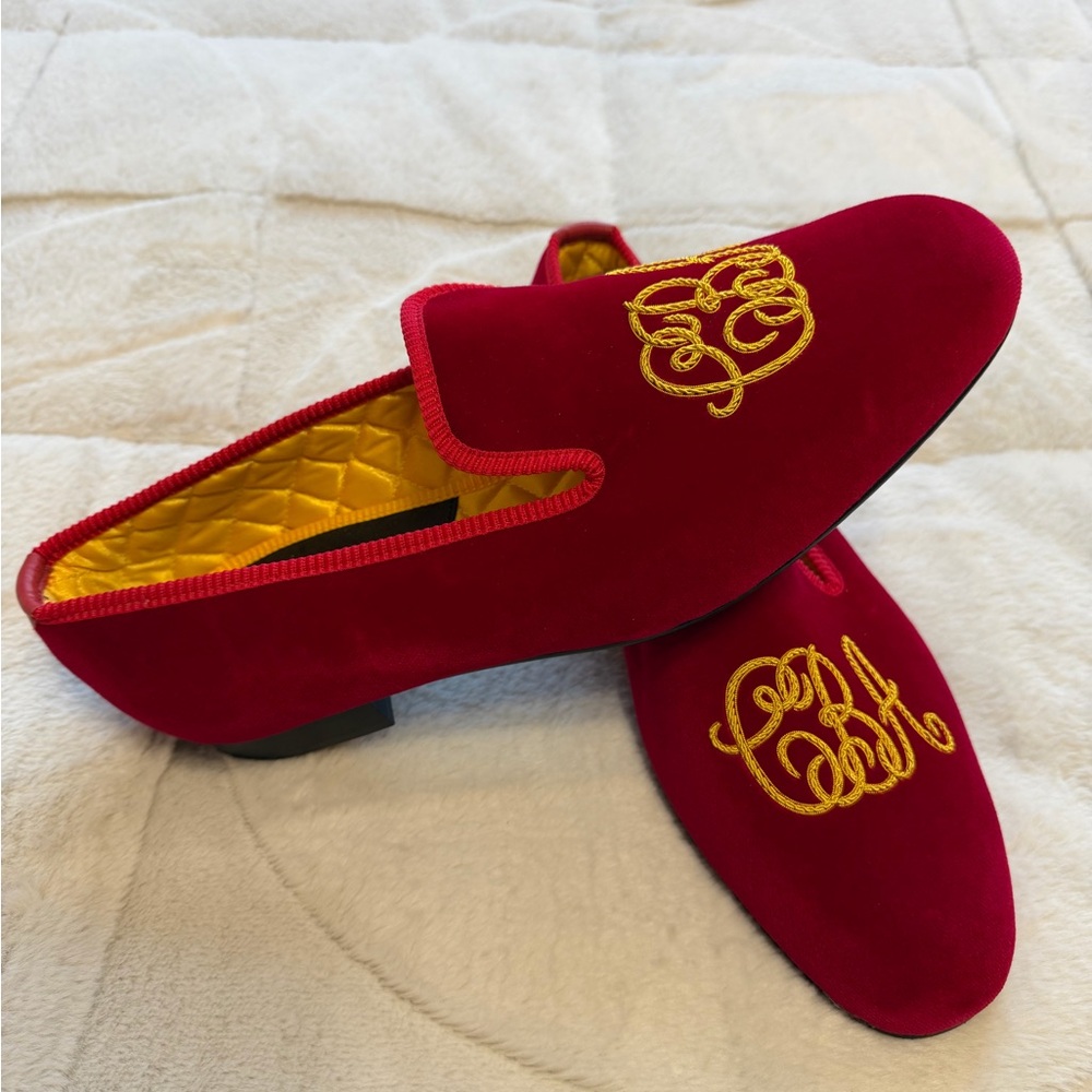 NEW! $830 Shipton Heneage Red Velvet Embroidered Smoking Slippers Loafers 11.5